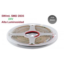 Tira LED 5mts Flexible 24V 25W estrecha 5mm 300 Led SMD 2835 IP20 Alta Luminosidad